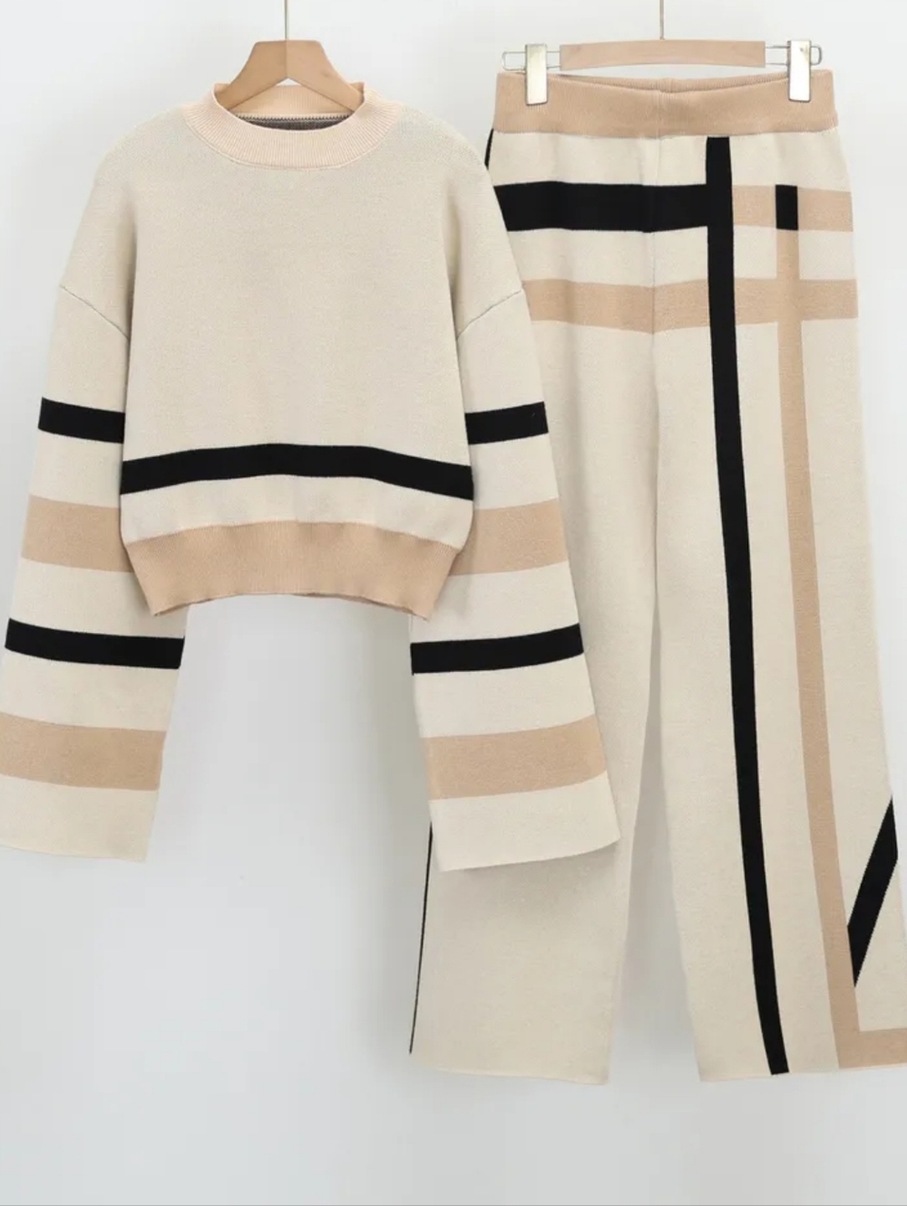 Everyday Plaid Set: Round-Neck Sweater with Shoulder Panels and Loose Plaid Trou - Picture 2 of 5